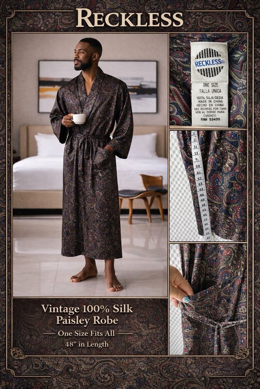 VTG Reckless 100% Silk Robe One Size Old Money, Paisley Pockets Med LG XL OS